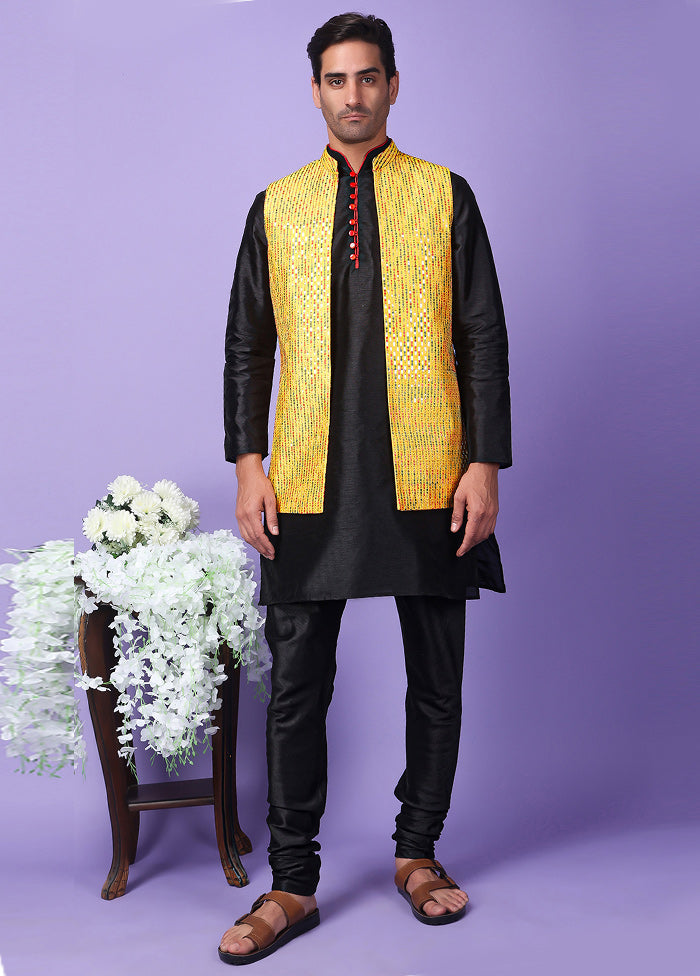 3 Pc Yellow Silk Nehru Set