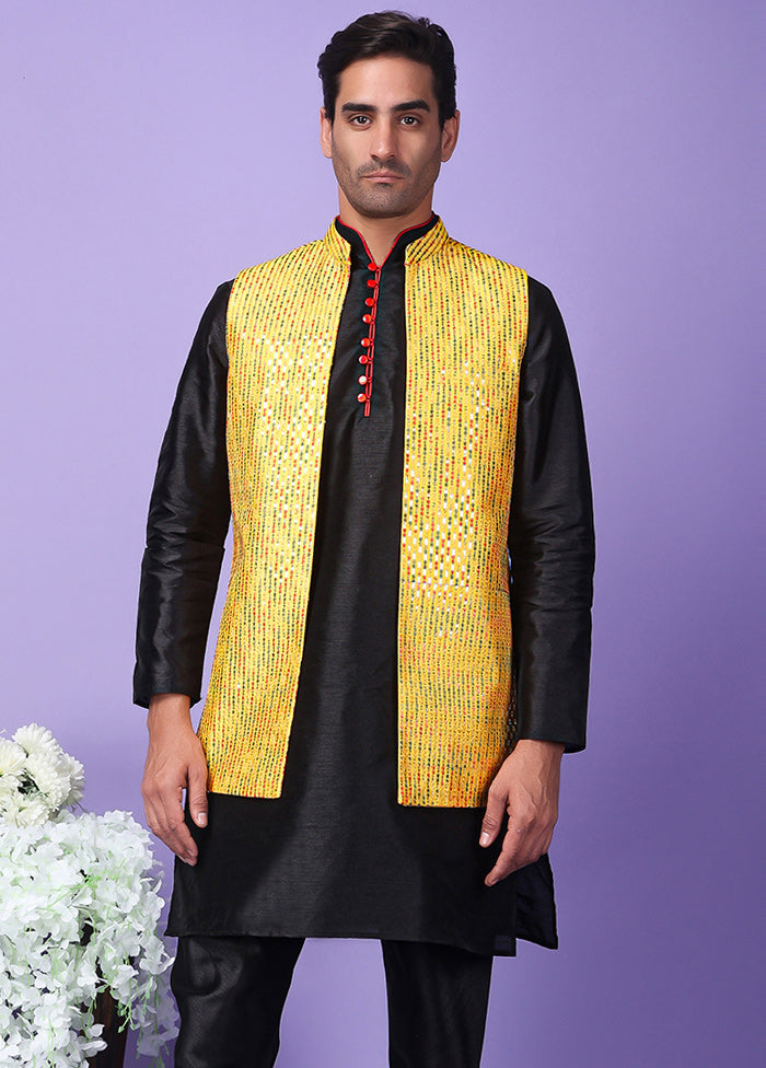 3 Pc Yellow Silk Nehru Set