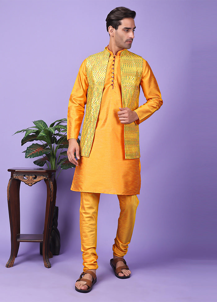 3 Pc Yellow Silk Nehru Set