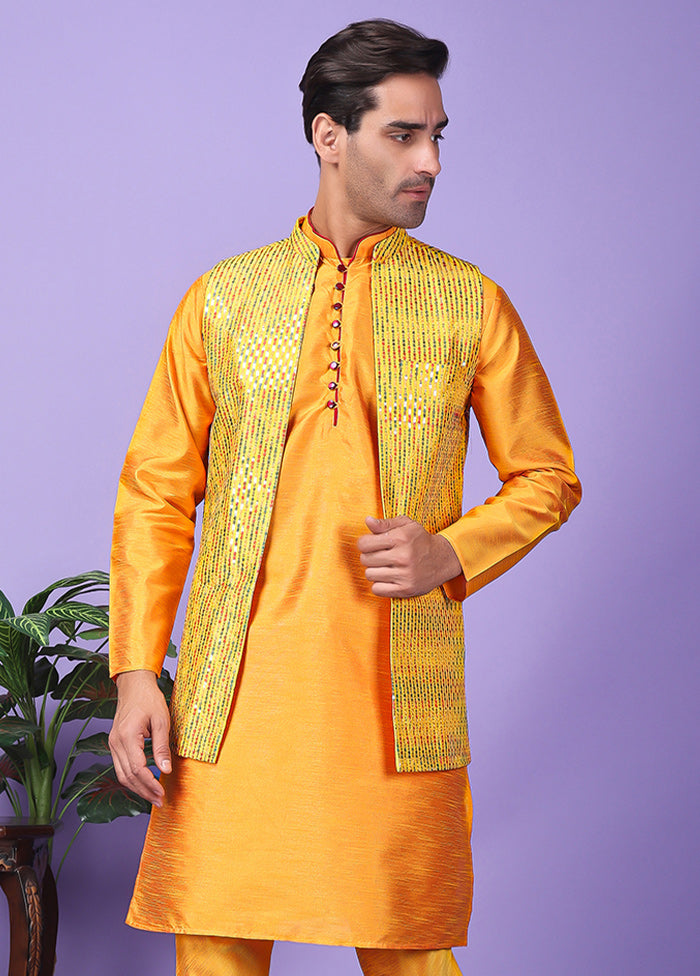 3 Pc Yellow Silk Nehru Set