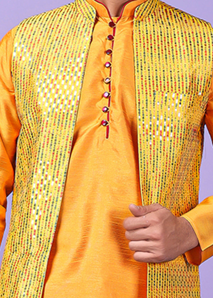 3 Pc Yellow Silk Nehru Set