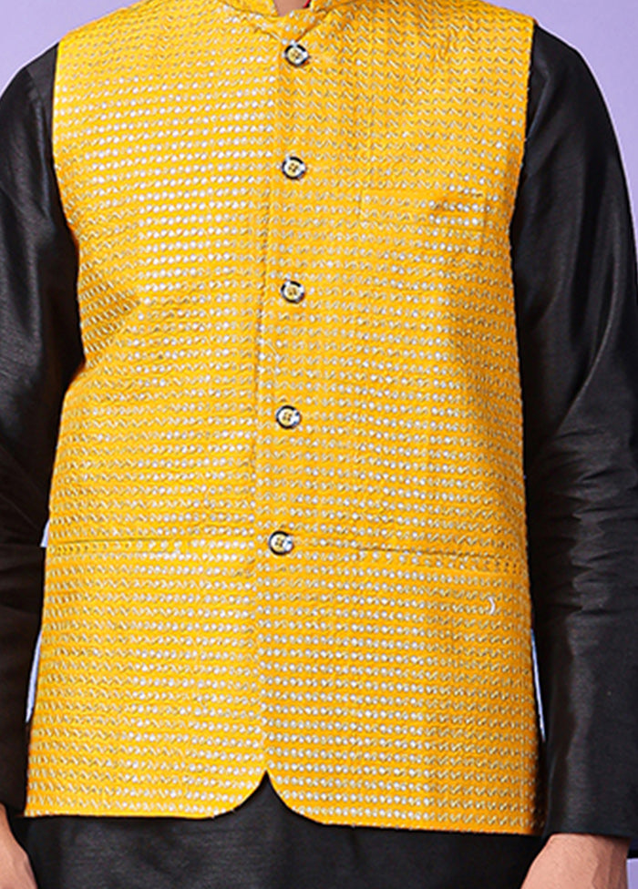 3 Pc Yellow Silk Nehru Set