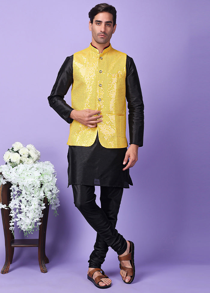 3 Pc Yellow Silk Nehru Set