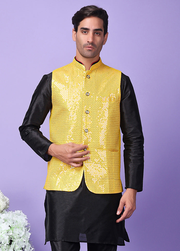 3 Pc Yellow Silk Nehru Set