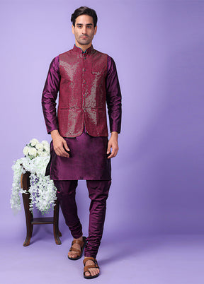 3 Pc Purple Silk Nehru Set