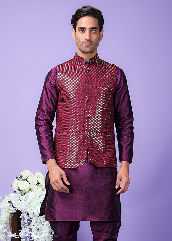 3 Pc Purple Silk Nehru Set