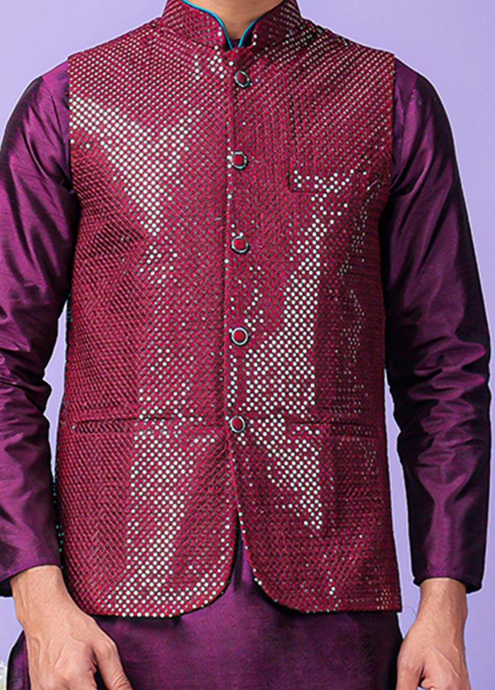 3 Pc Purple Silk Nehru Set