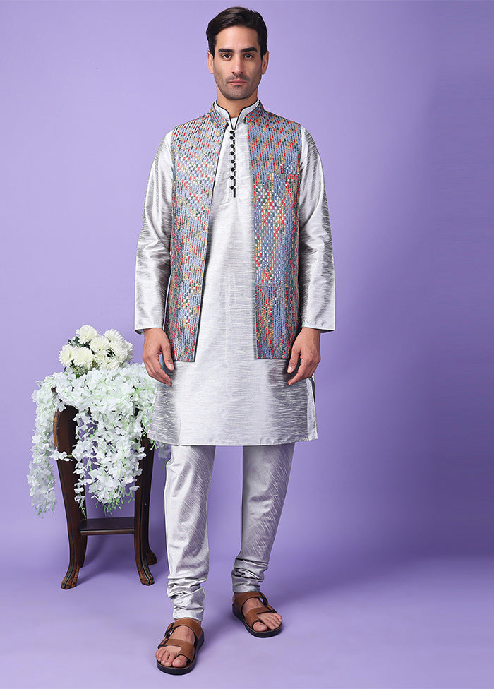 3 Pc Grey Silk Nehru Set