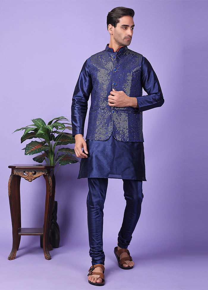 3 Pc Navy Blue Silk Nehru Set