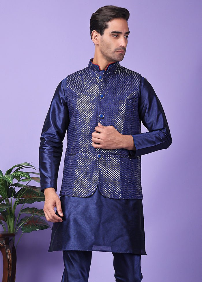 3 Pc Navy Blue Silk Nehru Set