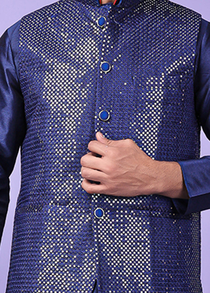 3 Pc Navy Blue Silk Nehru Set