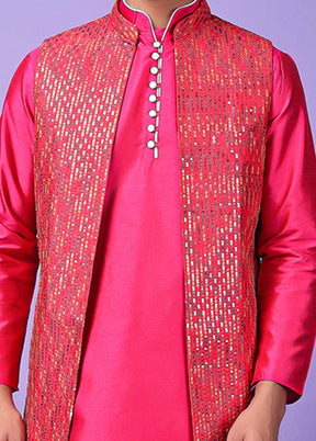 3 Pc Pink Silk Nehru Set