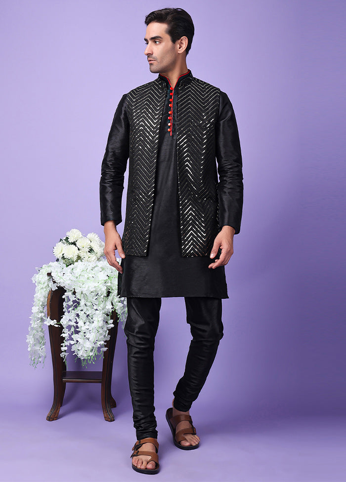 3 Pc Black Silk Nehru Set