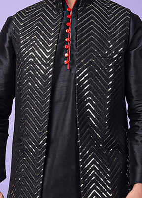 3 Pc Black Silk Nehru Set