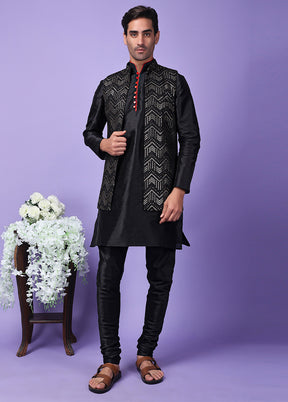 3 Pc Black Silk Nehru Set