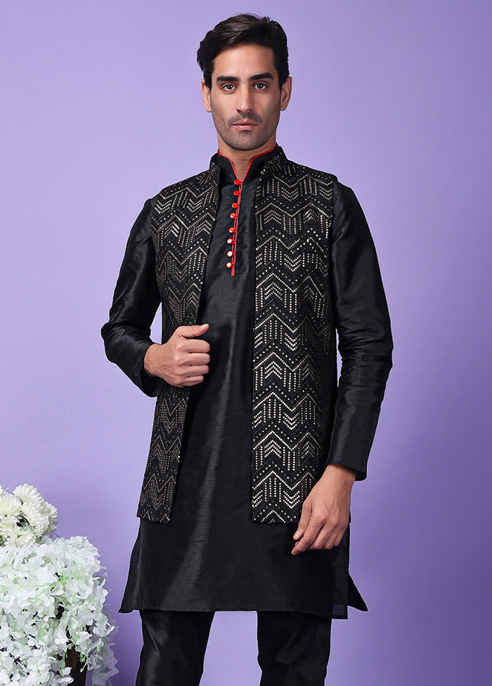 3 Pc Black Silk Nehru Set