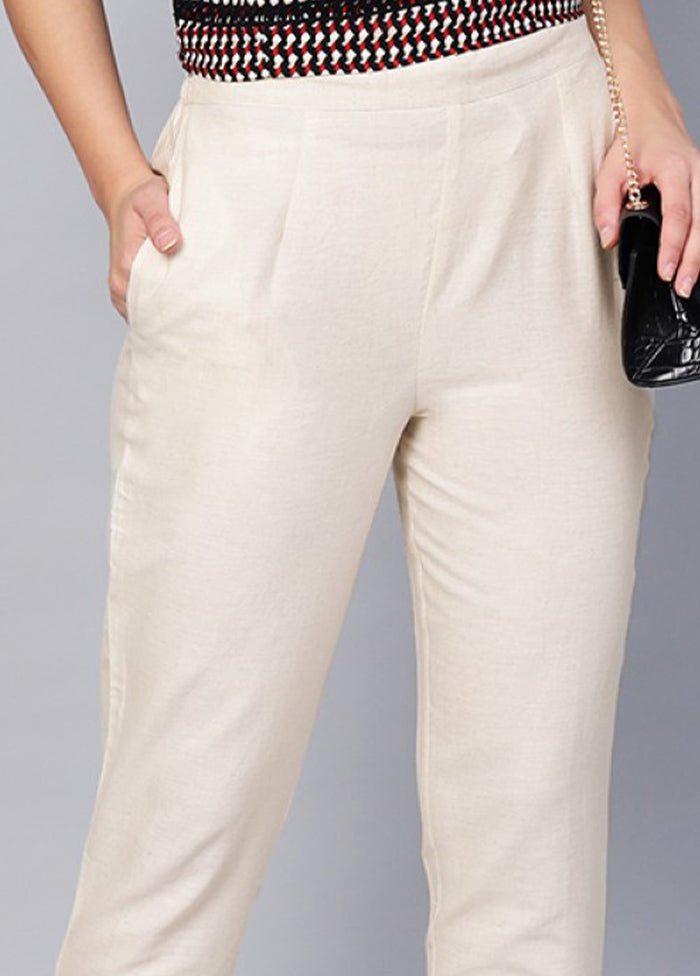 Off White Cotton Casual Pant