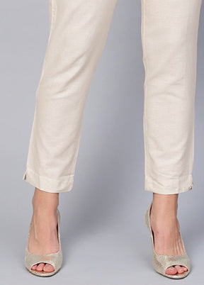 Off White Cotton Casual Pant