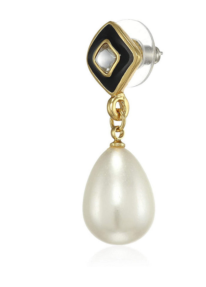 Estele 24 Kt Gold Plated Diamond black enamel Pearl Drop Earrings - Indian Silk House Agencies