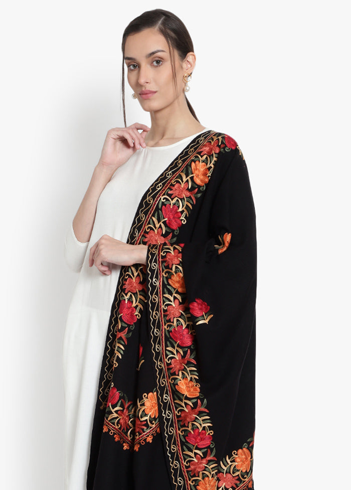 Black Kashmiri Embroidered Woolen Stole - Indian Silk House Agencies