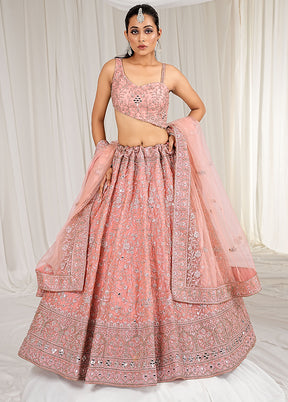 3 Pc Peach Net Semi Stitched Lehenga Set - Indian Silk House Agencies