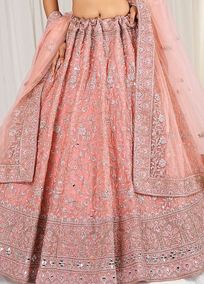 3 Pc Peach Net Semi Stitched Lehenga Set - Indian Silk House Agencies