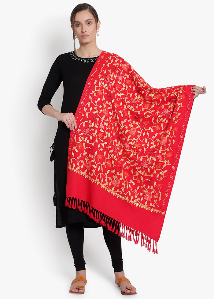 Red Kashmiri Embroidered Woolen Stole - Indian Silk House Agencies
