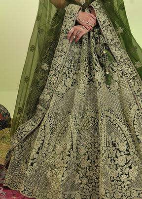 3 Pc Mehendi Velvet Semi Stitched Lehenga Set - Indian Silk House Agencies