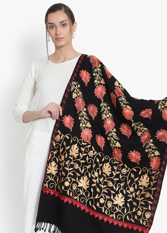 Black Kashmiri Embroidered Woolen Stole - Indian Silk House Agencies