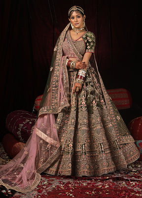 3 Pc Mehendi Velvet Semi Stitched Lehenga Set - Indian Silk House Agencies