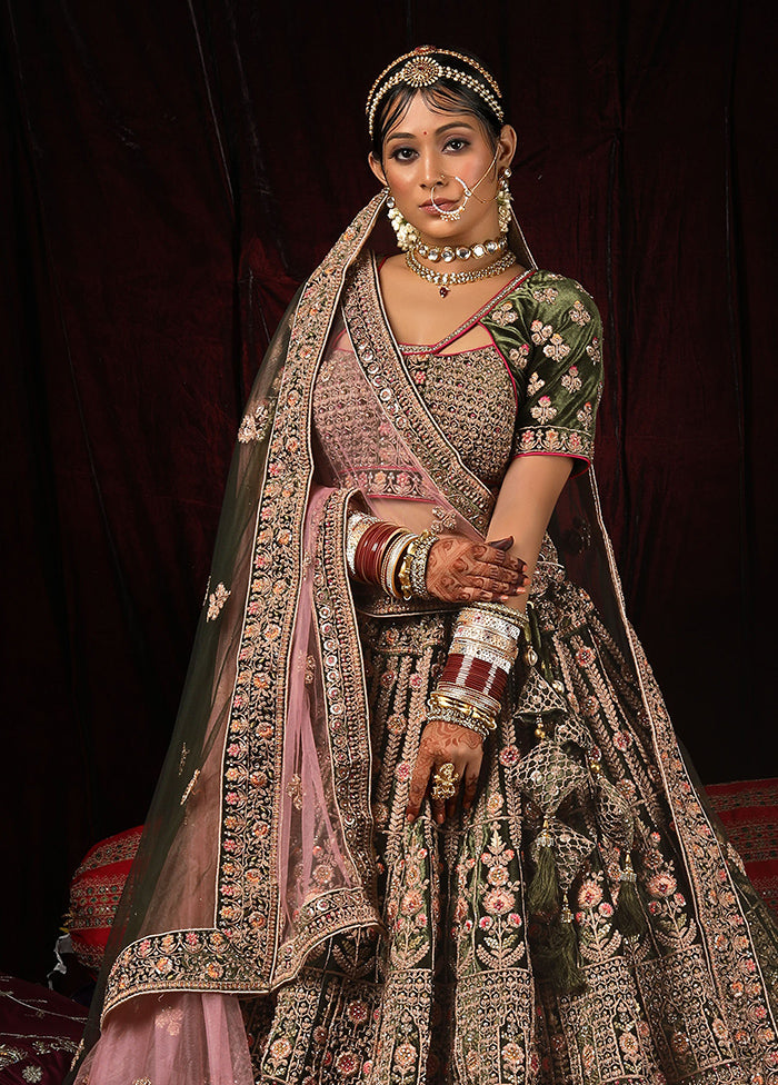 3 Pc Mehendi Velvet Semi Stitched Lehenga Set - Indian Silk House Agencies