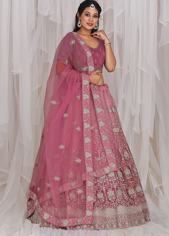 3 Pc Dusty Pink Net Semi Stitched Lehenga Set - Indian Silk House Agencies