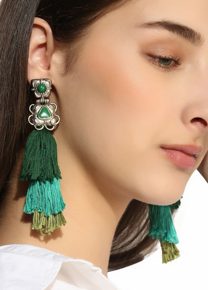 Estele Fashion Long Rhodium Plated Green Thread Tassel Earrings - Indian Silk House Agencies
