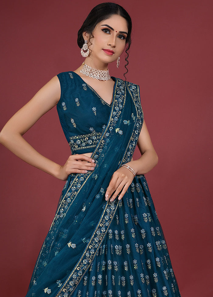 3 Pc Blue Net Semi Stitched Lehenga Set - Indian Silk House Agencies