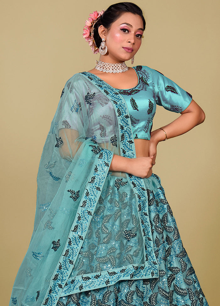 3 Pc Blue Net Semi Stitched Lehenga Set - Indian Silk House Agencies