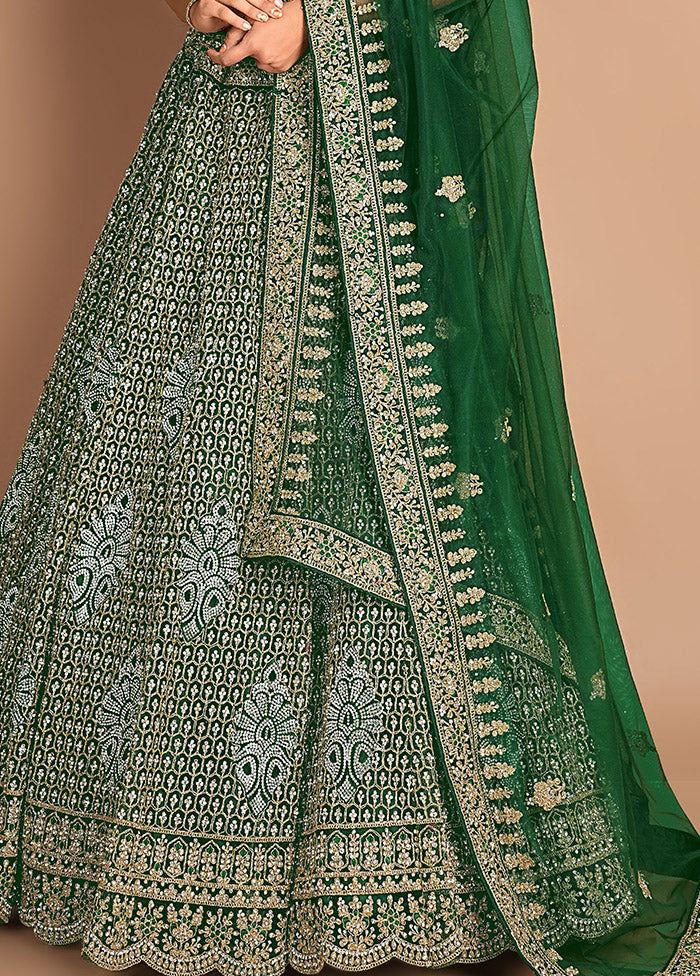 3 Pc Green Net Semi Stitched Lehenga Set - Indian Silk House Agencies