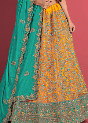 3 Pc Mustard Net Semi Stitched Lehenga Set - Indian Silk House Agencies