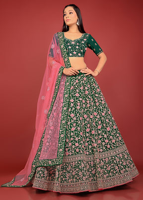 3 Pc Green Net Semi Stitched Lehenga Set - Indian Silk House Agencies