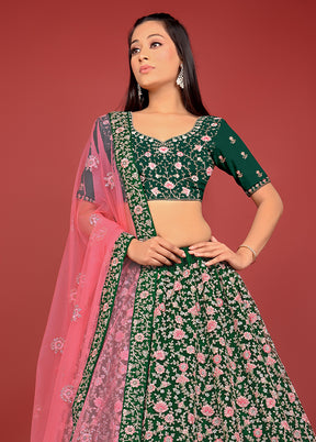 3 Pc Green Net Semi Stitched Lehenga Set - Indian Silk House Agencies