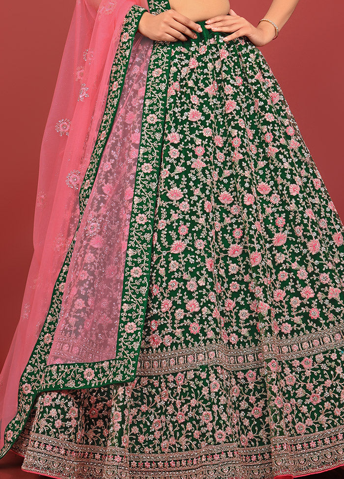 3 Pc Green Net Semi Stitched Lehenga Set - Indian Silk House Agencies