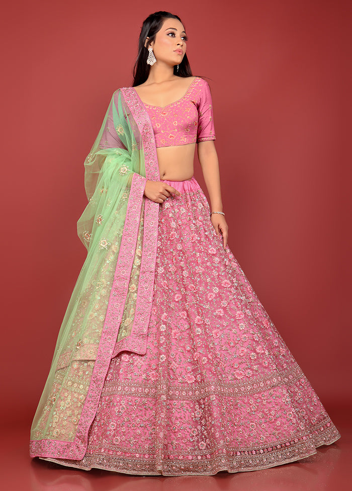 3 Pc Pink Net Semi Stitched Lehenga Set - Indian Silk House Agencies