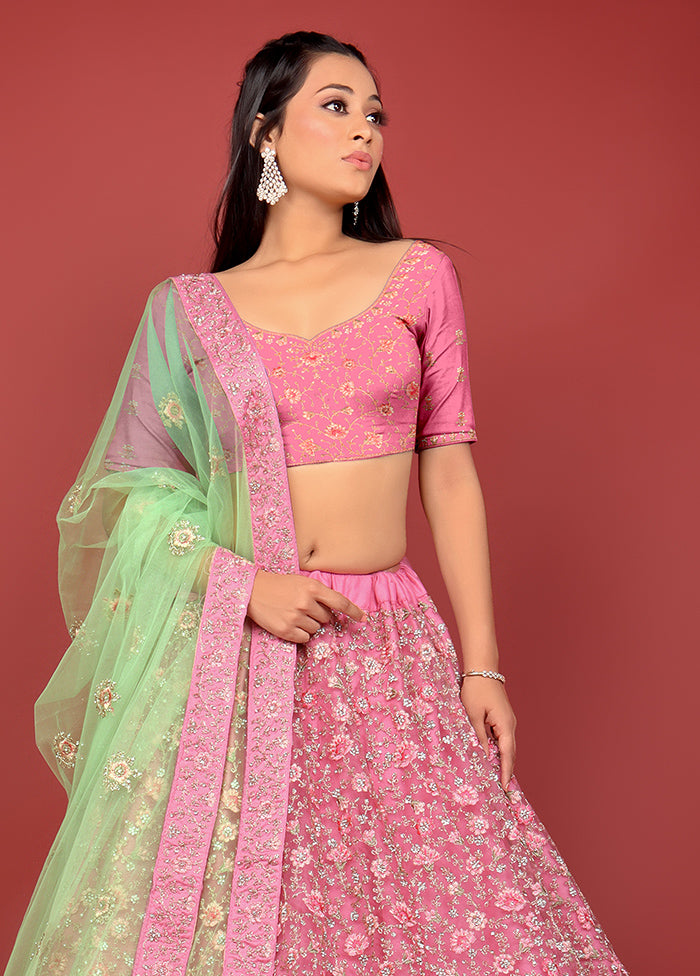 3 Pc Pink Net Semi Stitched Lehenga Set - Indian Silk House Agencies