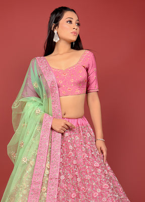 3 Pc Pink Net Semi Stitched Lehenga Set - Indian Silk House Agencies