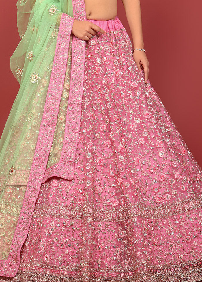 3 Pc Pink Net Semi Stitched Lehenga Set - Indian Silk House Agencies