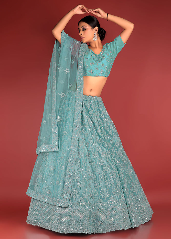 3 Pc Green Net Semi Stitched Lehenga Set - Indian Silk House Agencies