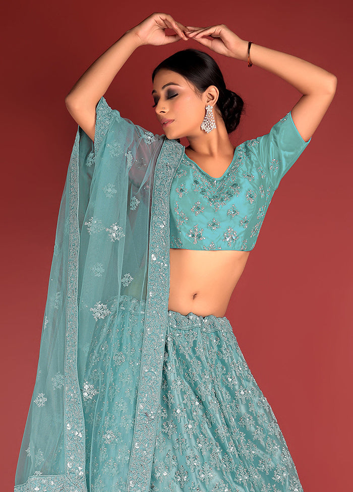 3 Pc Green Net Semi Stitched Lehenga Set - Indian Silk House Agencies