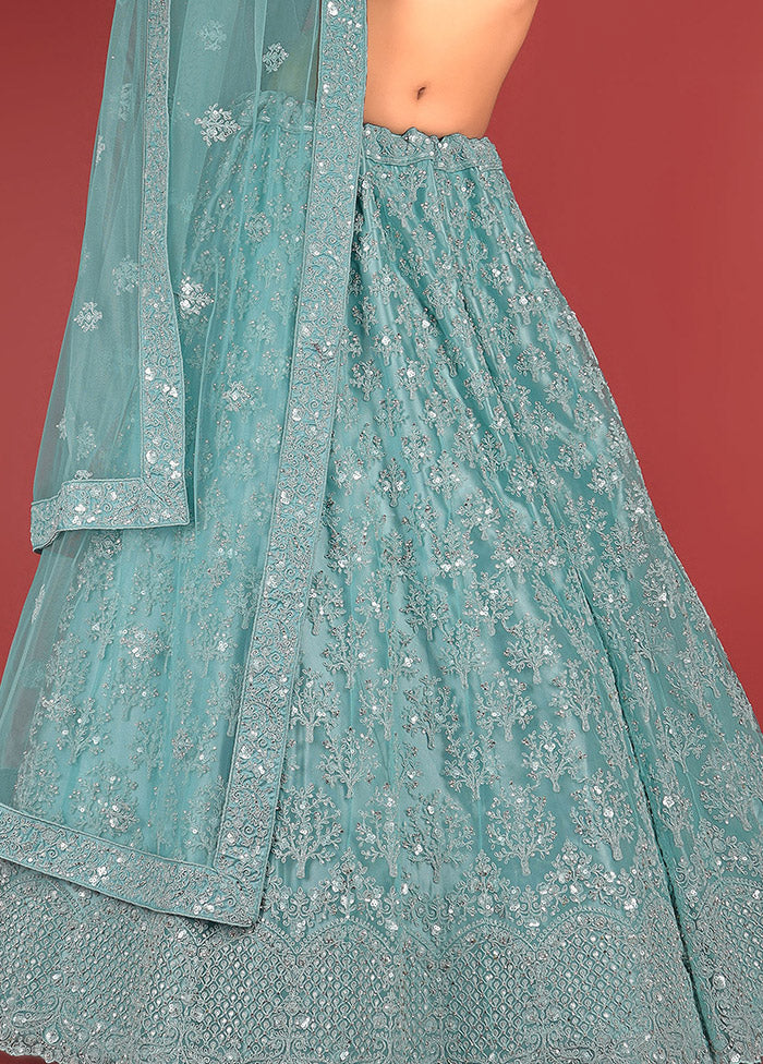 3 Pc Green Net Semi Stitched Lehenga Set - Indian Silk House Agencies