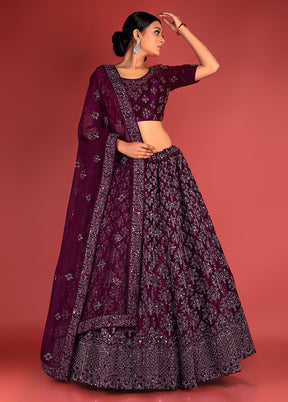 3 Pc Wine Net Semi Stitched Lehenga Set - Indian Silk House Agencies