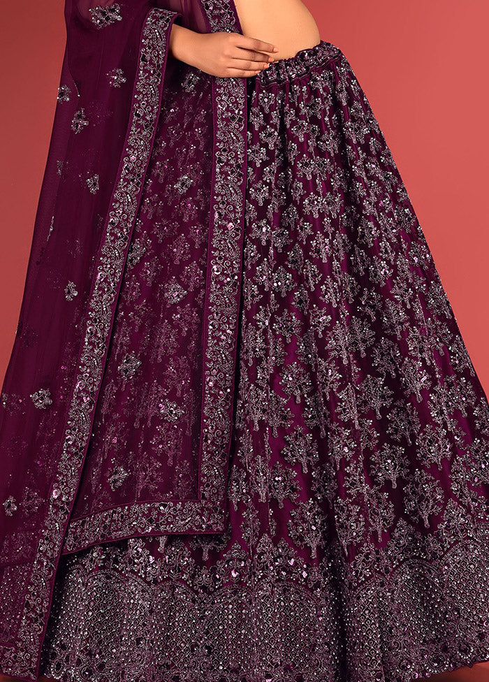 3 Pc Wine Net Semi Stitched Lehenga Set - Indian Silk House Agencies