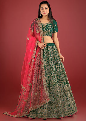 3 Pc Green Net Semi Stitched Lehenga Set - Indian Silk House Agencies